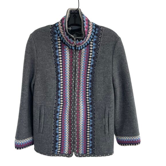 Geiger Full Zip Pure Wool Jacket Gray Multicolor Knit Trim Womens 40 / US 10 - Picture 1 of 9